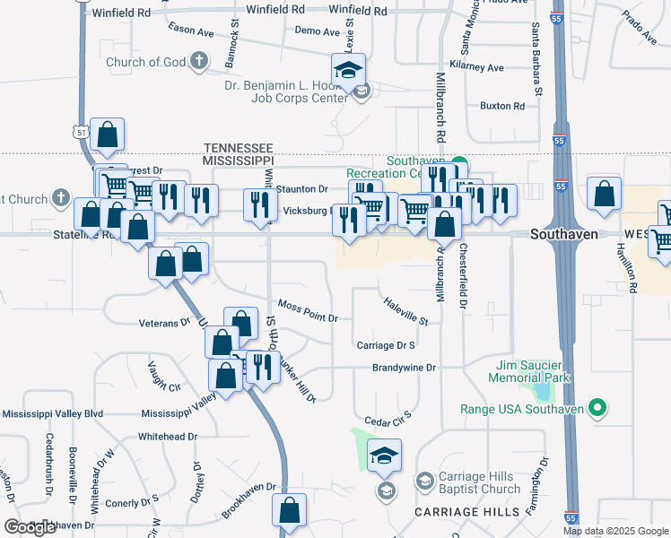 map of restaurants, bars, coffee shops, grocery stores, and more near 8906 Yorktown Drive in Southaven
