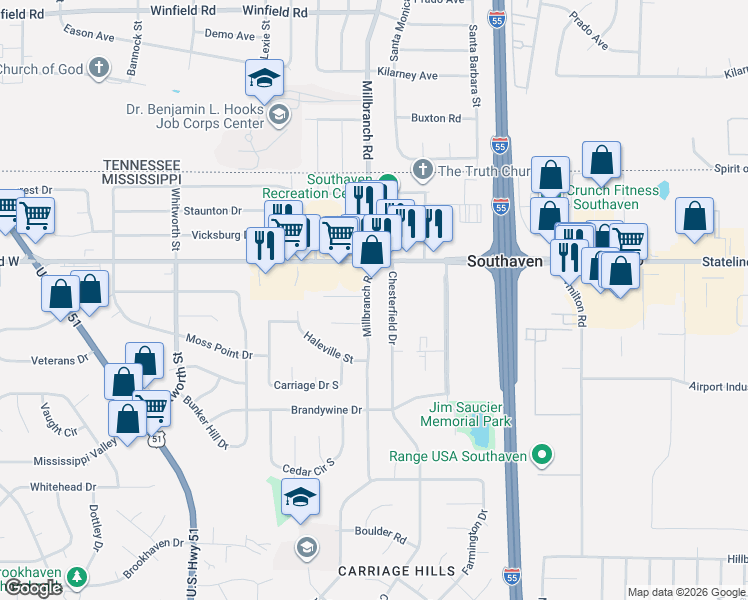 map of restaurants, bars, coffee shops, grocery stores, and more near 8907 Chesterfield Drive in Southaven