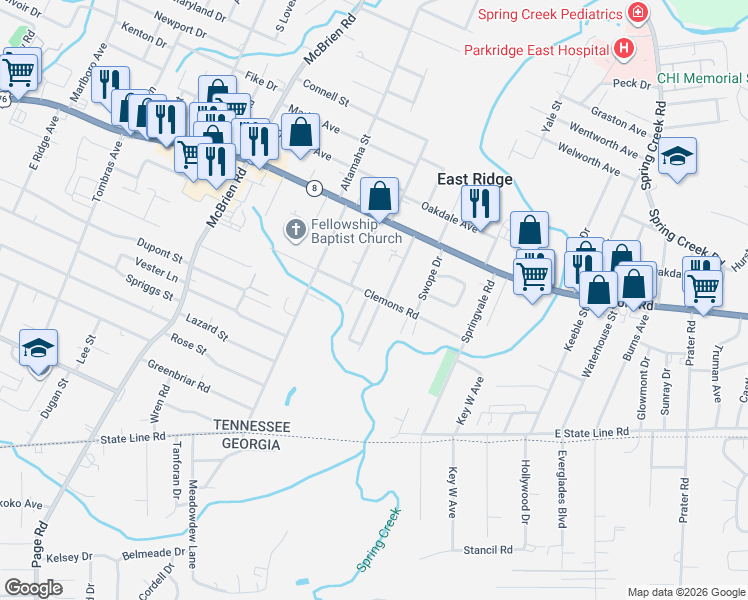 map of restaurants, bars, coffee shops, grocery stores, and more near 1601 Maxwell Road in Chattanooga
