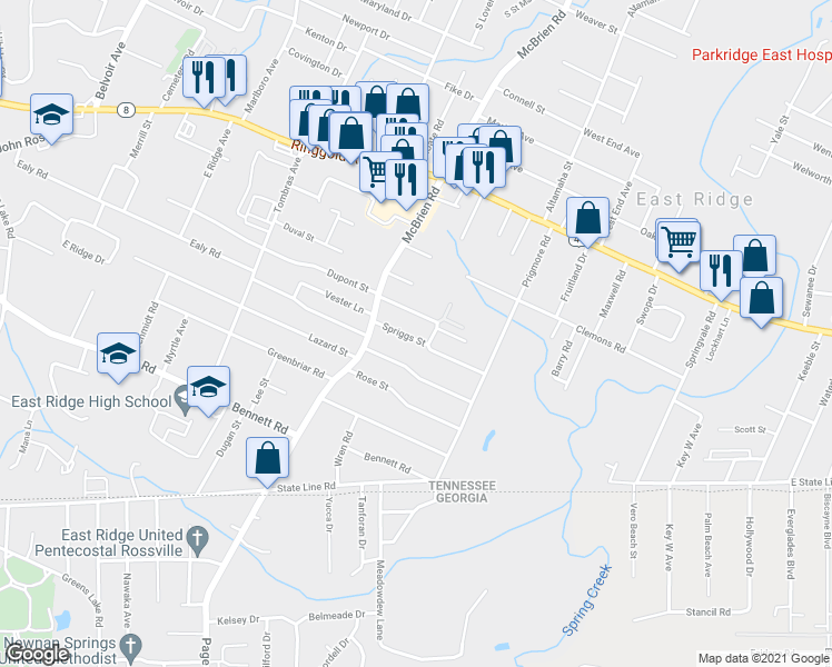 map of restaurants, bars, coffee shops, grocery stores, and more near 5321 Spriggs Street in Chattanooga