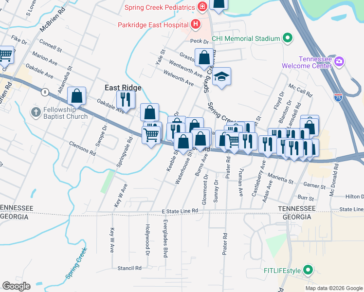 map of restaurants, bars, coffee shops, grocery stores, and more near 5804 Ringgold Road in East Ridge