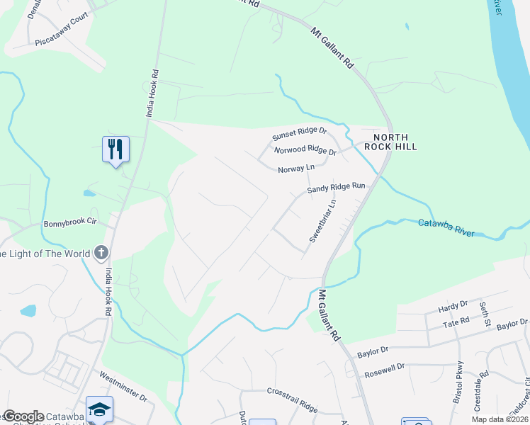 map of restaurants, bars, coffee shops, grocery stores, and more near 3206 Hitching Post Lane in Rock Hill