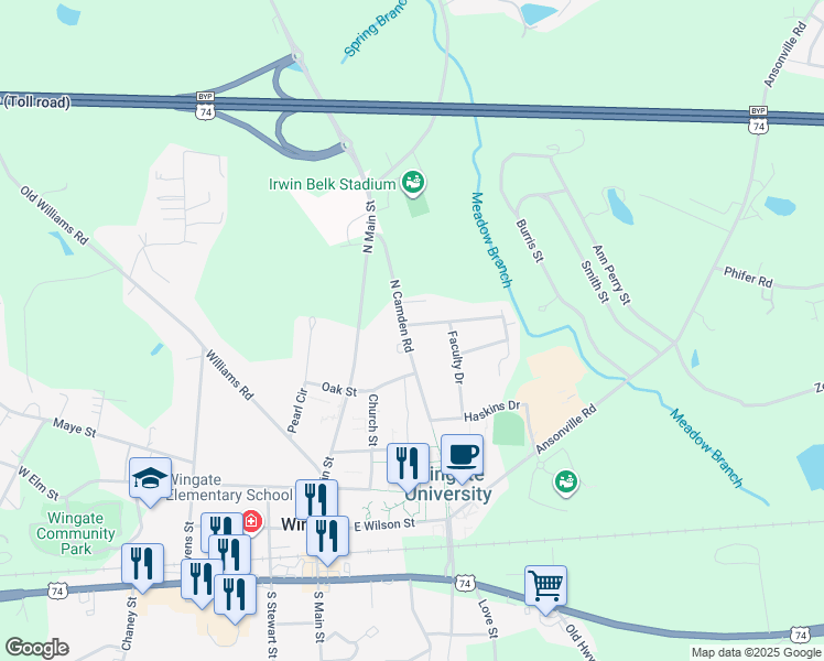 map of restaurants, bars, coffee shops, grocery stores, and more near 407 Faculty Drive in Wingate