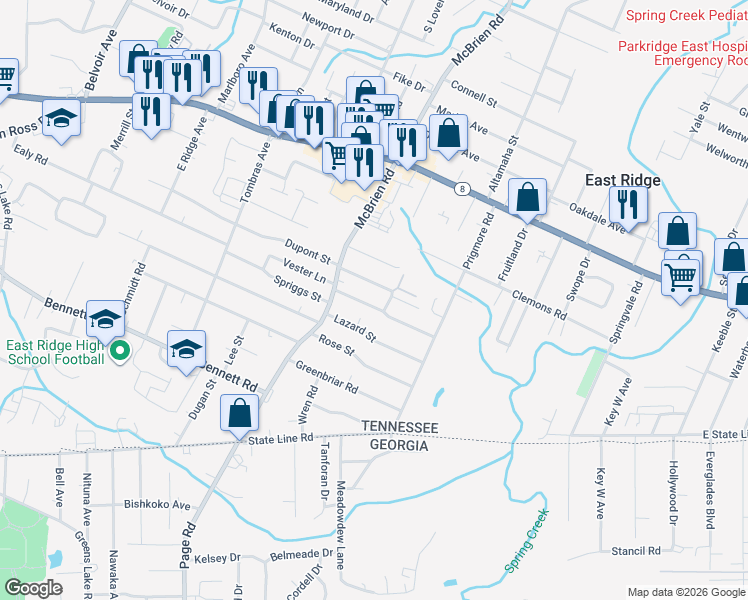 map of restaurants, bars, coffee shops, grocery stores, and more near 5317 Spriggs Street in Chattanooga