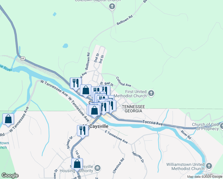 map of restaurants, bars, coffee shops, grocery stores, and more near 143 Zion Church Road in Copperhill