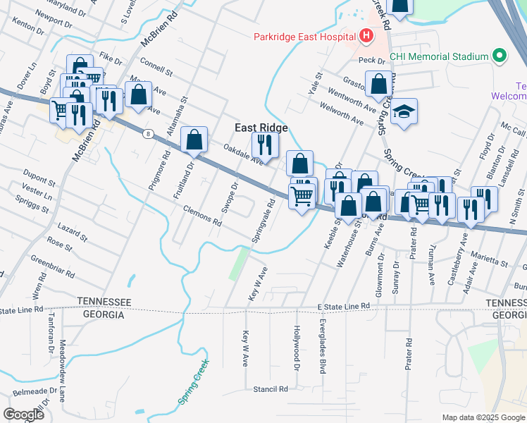 map of restaurants, bars, coffee shops, grocery stores, and more near 1513 Springvale Road in Chattanooga