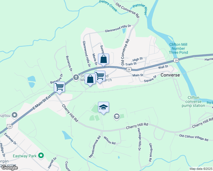 map of restaurants, bars, coffee shops, grocery stores, and more near 106 Main Street in Converse