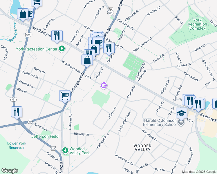 map of restaurants, bars, coffee shops, grocery stores, and more near 205 East Jefferson Street in York