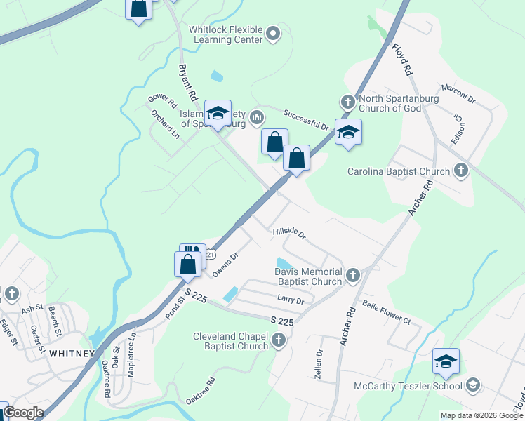 map of restaurants, bars, coffee shops, grocery stores, and more near 105 Cross Street in Spartanburg