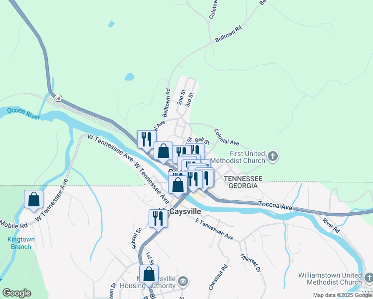 map of restaurants, bars, coffee shops, grocery stores, and more near 130 Hill Street in Copperhill