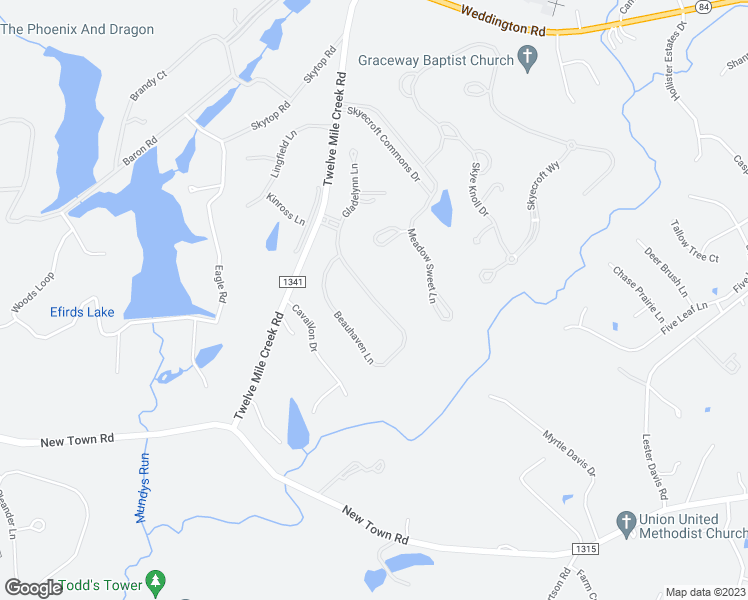 map of restaurants, bars, coffee shops, grocery stores, and more near 613 Beauhaven Lane in Waxhaw