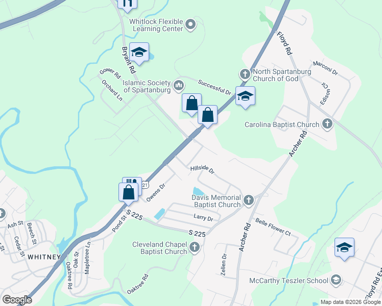 map of restaurants, bars, coffee shops, grocery stores, and more near 105 Cross Street in Spartanburg