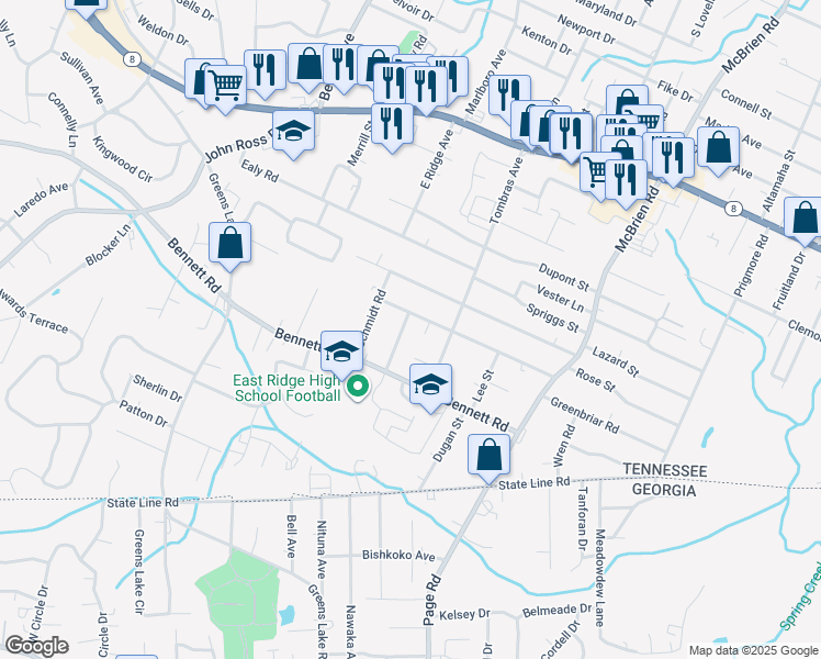 map of restaurants, bars, coffee shops, grocery stores, and more near 2004 Myrtle Avenue in Chattanooga