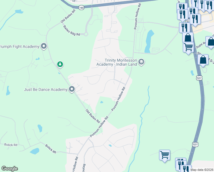 map of restaurants, bars, coffee shops, grocery stores, and more near 1081 Bassett Way in Indian Land