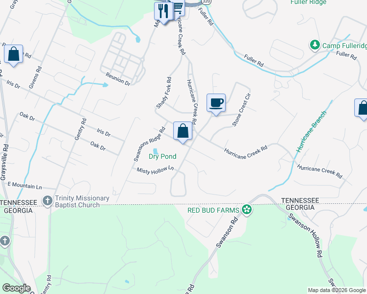map of restaurants, bars, coffee shops, grocery stores, and more near 8726 Hurricane Manor Trail in Chattanooga