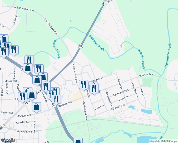 map of restaurants, bars, coffee shops, grocery stores, and more near 1803 Steele Street in Monroe