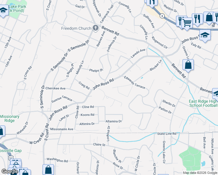 map of restaurants, bars, coffee shops, grocery stores, and more near 1420 John Ross Road in Chattanooga