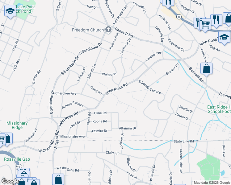map of restaurants, bars, coffee shops, grocery stores, and more near 1420 John Ross Road in Chattanooga
