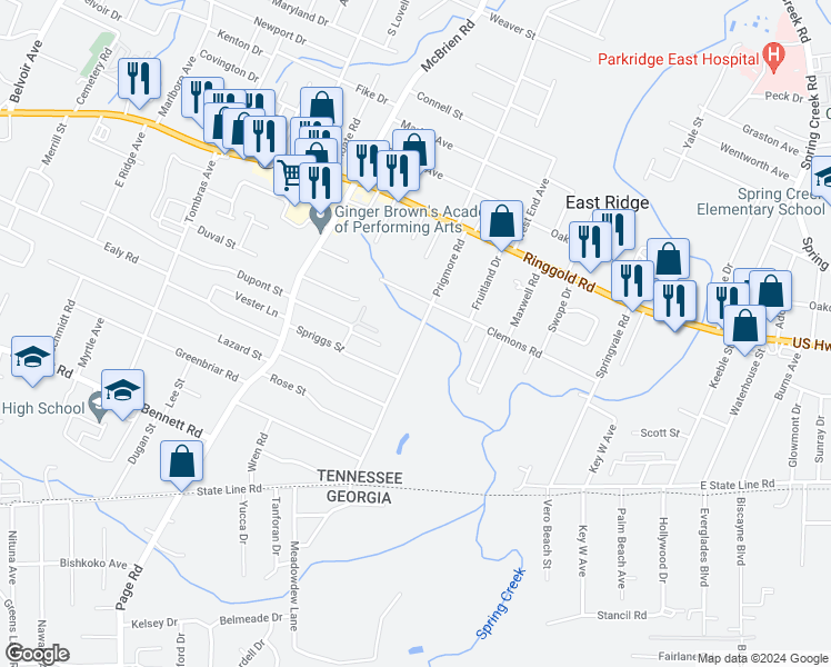 map of restaurants, bars, coffee shops, grocery stores, and more near 1613a Prigmore Road in East Ridge