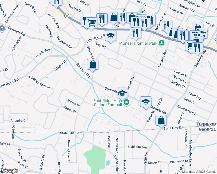 map of restaurants, bars, coffee shops, grocery stores, and more near 2031 Pioneer Ridge Trail in East Ridge