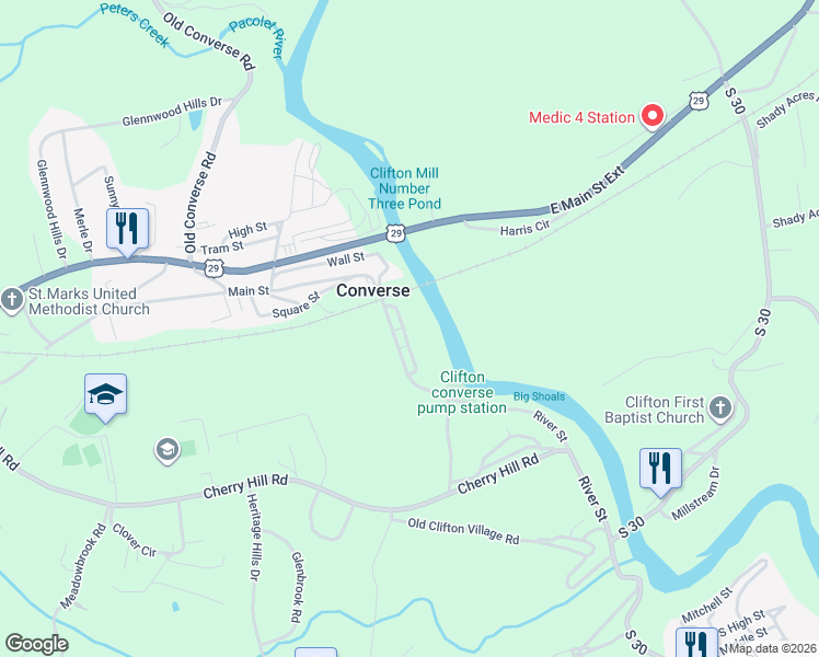 map of restaurants, bars, coffee shops, grocery stores, and more near 148 Riverview Street in Converse