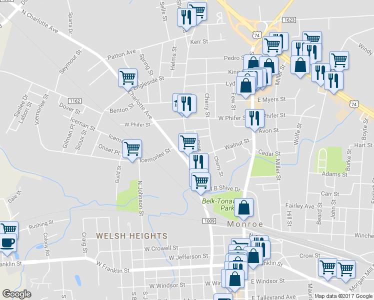 map of restaurants, bars, coffee shops, grocery stores, and more near 1018 Concord Avenue in Monroe