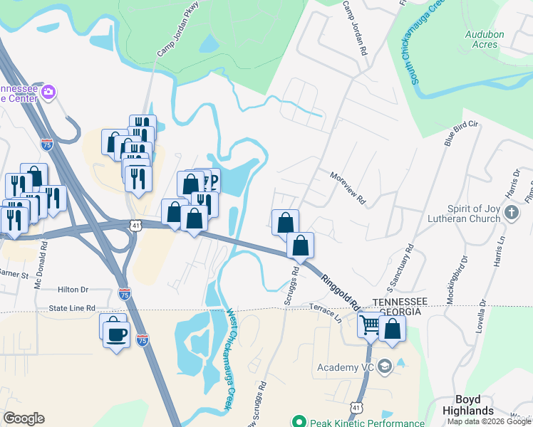 map of restaurants, bars, coffee shops, grocery stores, and more near 6839 Village Lake Circle in Chattanooga