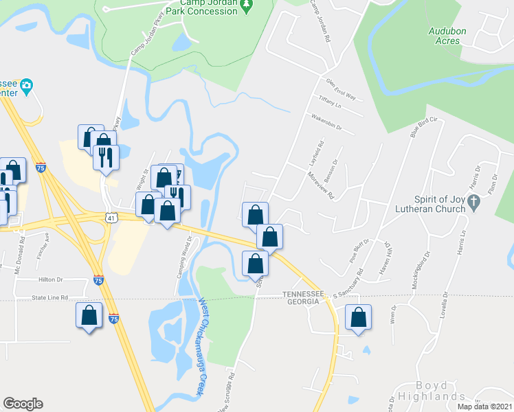 map of restaurants, bars, coffee shops, grocery stores, and more near 6881 Village Lake Circle in East Ridge