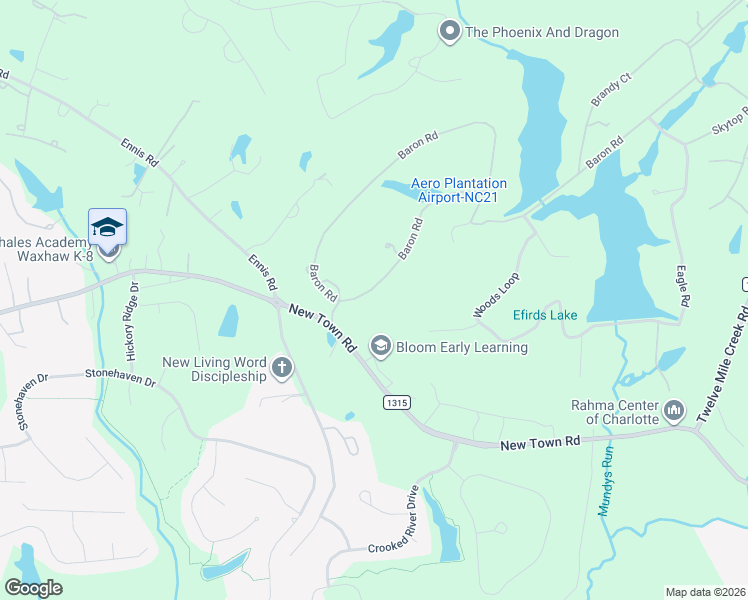 map of restaurants, bars, coffee shops, grocery stores, and more near 1120 Baron Road in Waxhaw