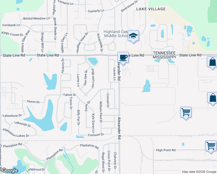 map of restaurants, bars, coffee shops, grocery stores, and more near 9249 Kayla Lane in Olive Branch