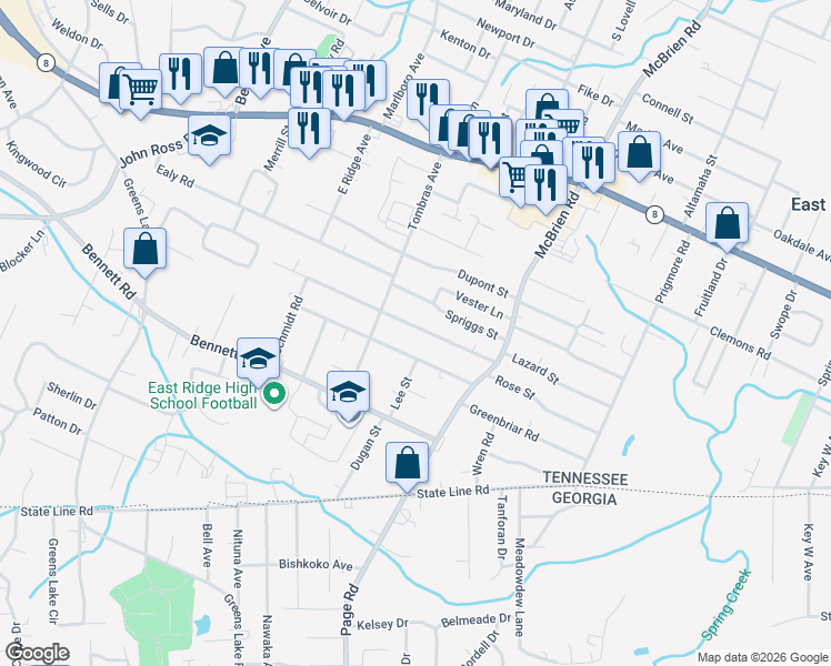 map of restaurants, bars, coffee shops, grocery stores, and more near 4316 Lazard Street in Chattanooga