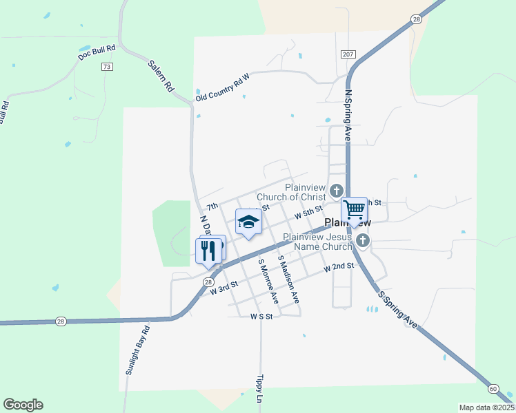 map of restaurants, bars, coffee shops, grocery stores, and more near 301 North Madison Avenue in Plainview