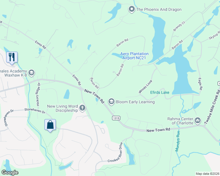 map of restaurants, bars, coffee shops, grocery stores, and more near 1120 Baron Road in Waxhaw