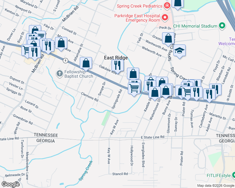 map of restaurants, bars, coffee shops, grocery stores, and more near 1513 Springvale Road in Chattanooga