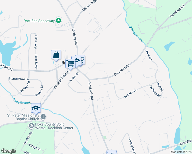 map of restaurants, bars, coffee shops, grocery stores, and more near 155 Barefoot Road in Fayetteville