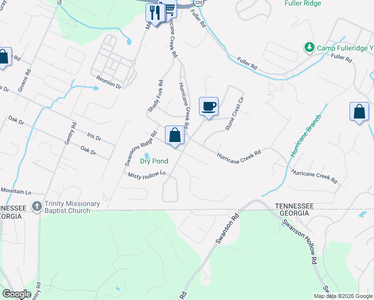 map of restaurants, bars, coffee shops, grocery stores, and more near 8805 Hurricane Manor Trail in Chattanooga