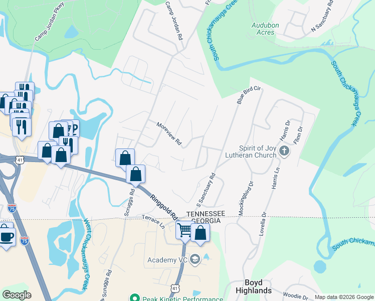 map of restaurants, bars, coffee shops, grocery stores, and more near 407 Meadowlark Trail in Chattanooga