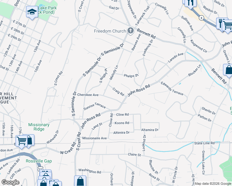 map of restaurants, bars, coffee shops, grocery stores, and more near 3616 Craig Road in Chattanooga