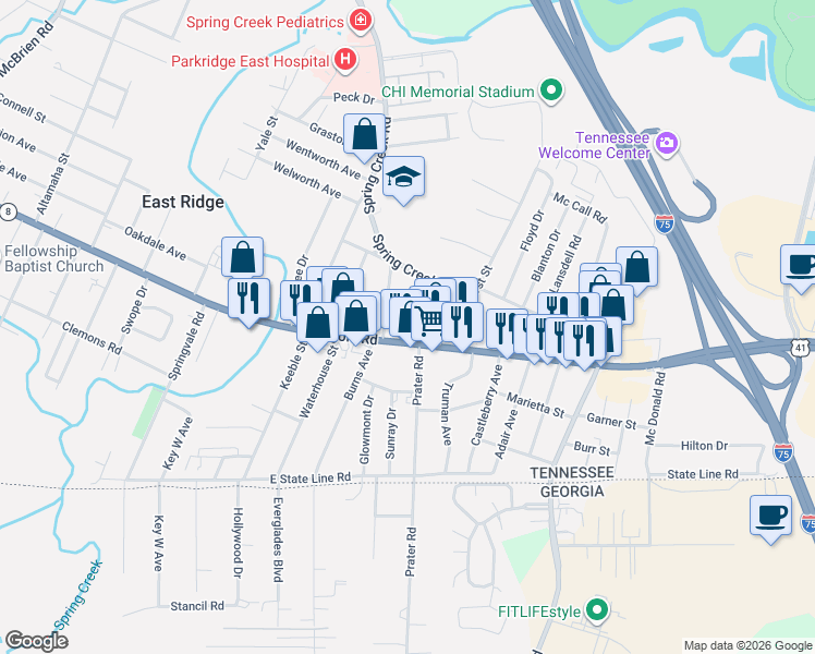 map of restaurants, bars, coffee shops, grocery stores, and more near 6001 Ringgold Road in Chattanooga