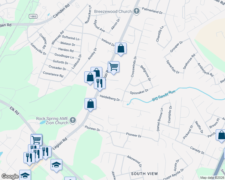 map of restaurants, bars, coffee shops, grocery stores, and more near 3735 Legion Road in Hope Mills