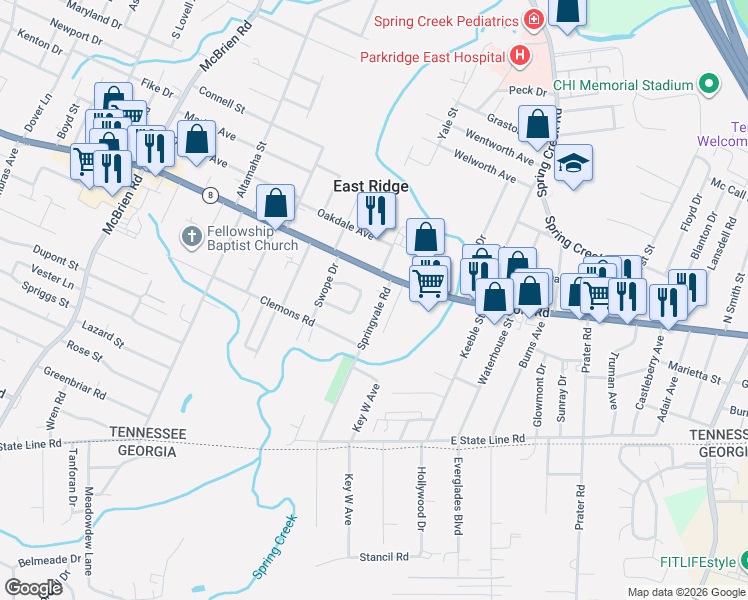 map of restaurants, bars, coffee shops, grocery stores, and more near 1513 Springvale Road in Chattanooga
