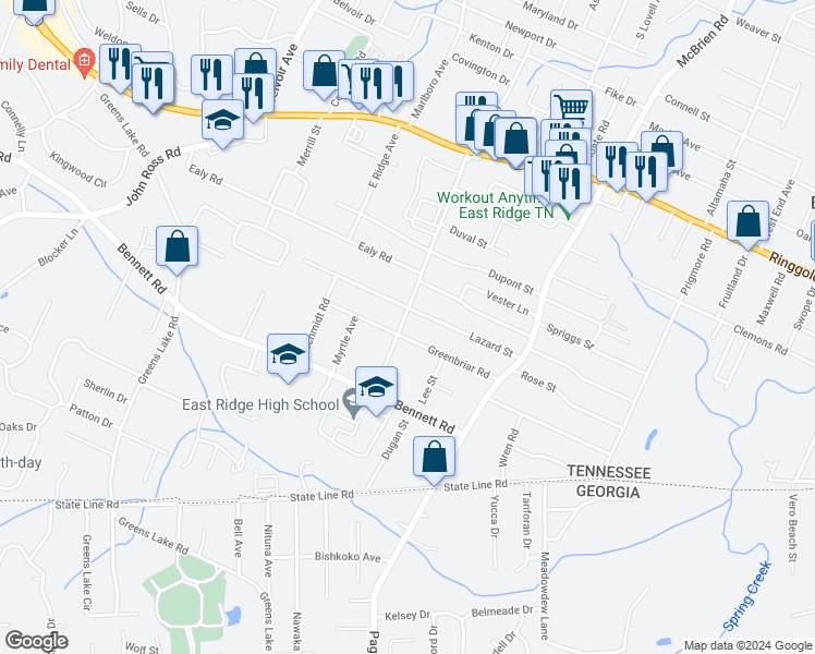 map of restaurants, bars, coffee shops, grocery stores, and more near 1906 Tombras Avenue in Chattanooga