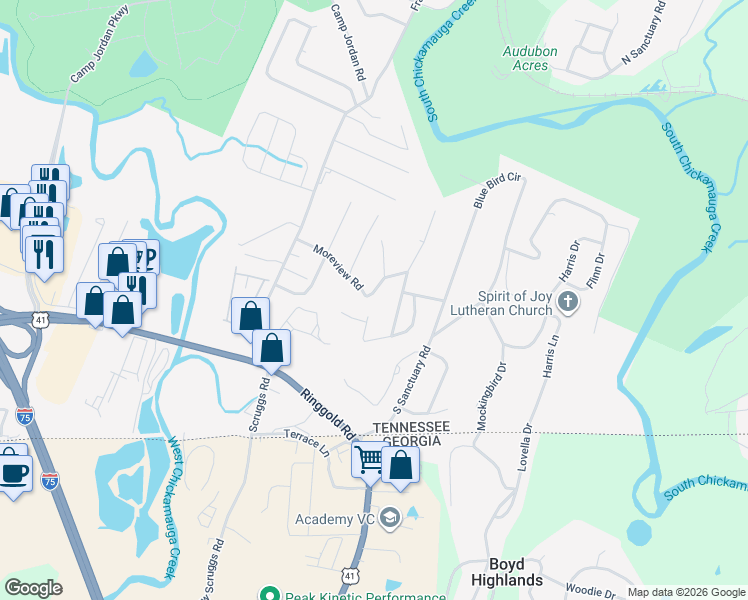 map of restaurants, bars, coffee shops, grocery stores, and more near 407 Meadowlark Trail in Chattanooga