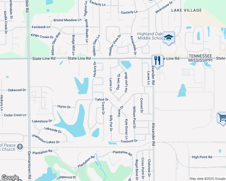 map of restaurants, bars, coffee shops, grocery stores, and more near 9235 Lorrie Lane in Olive Branch