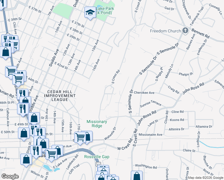 map of restaurants, bars, coffee shops, grocery stores, and more near 645 East Crest Road in Chattanooga