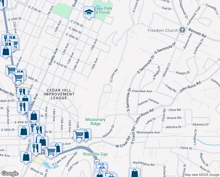 map of restaurants, bars, coffee shops, grocery stores, and more near 645 East Crest Road in Chattanooga