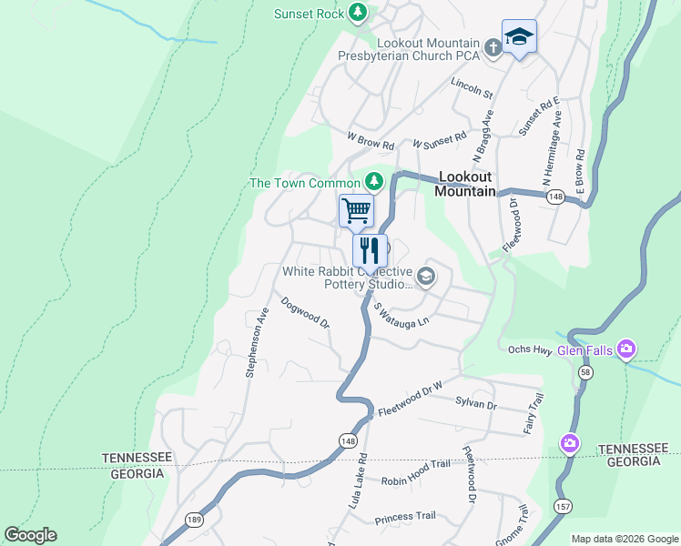 map of restaurants, bars, coffee shops, grocery stores, and more near 113 Linden Street in Lookout Mountain
