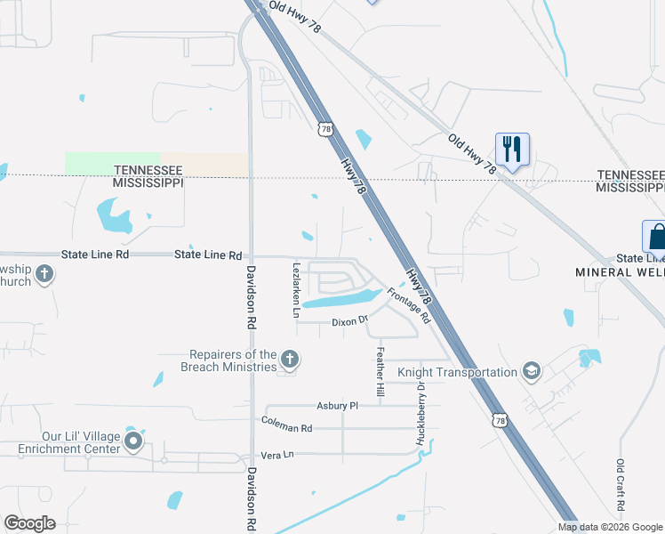 map of restaurants, bars, coffee shops, grocery stores, and more near 6225 Arlington Lane in Olive Branch