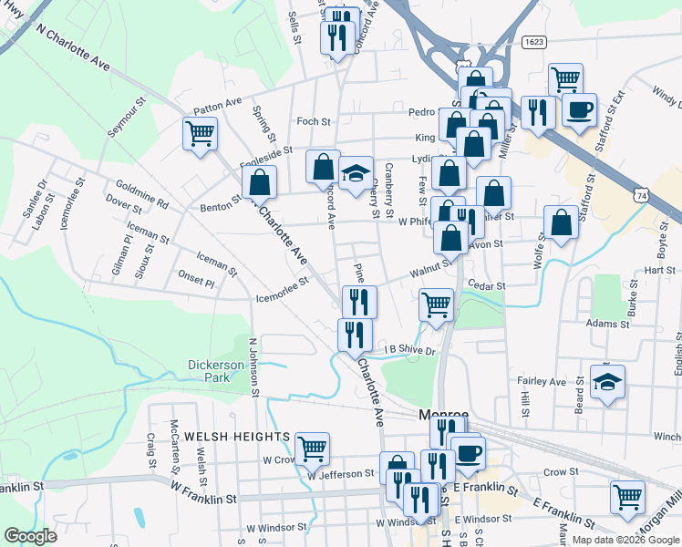 map of restaurants, bars, coffee shops, grocery stores, and more near 1018 Concord Avenue in Monroe