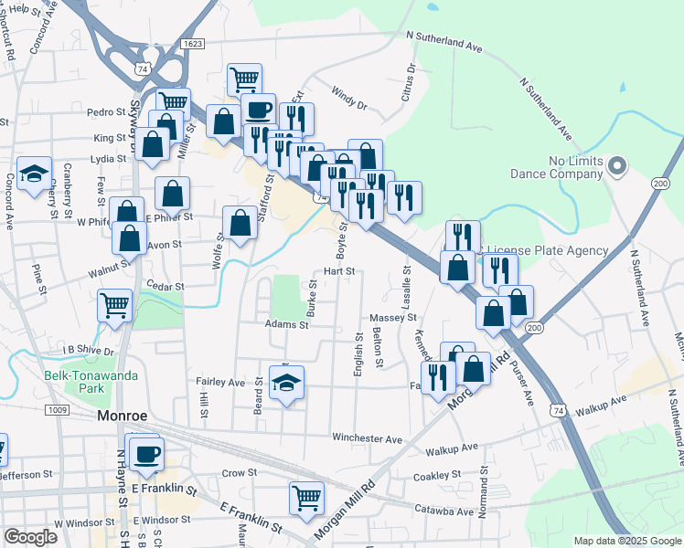 map of restaurants, bars, coffee shops, grocery stores, and more near 738 Hart Street in Monroe